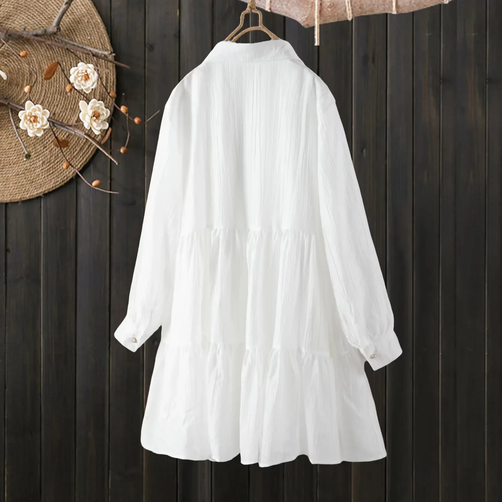 和菓子森ガール無地レースパッチワークコットンシャツドレス女性秋ターンダウンカラー長袖ベルト付きドレス