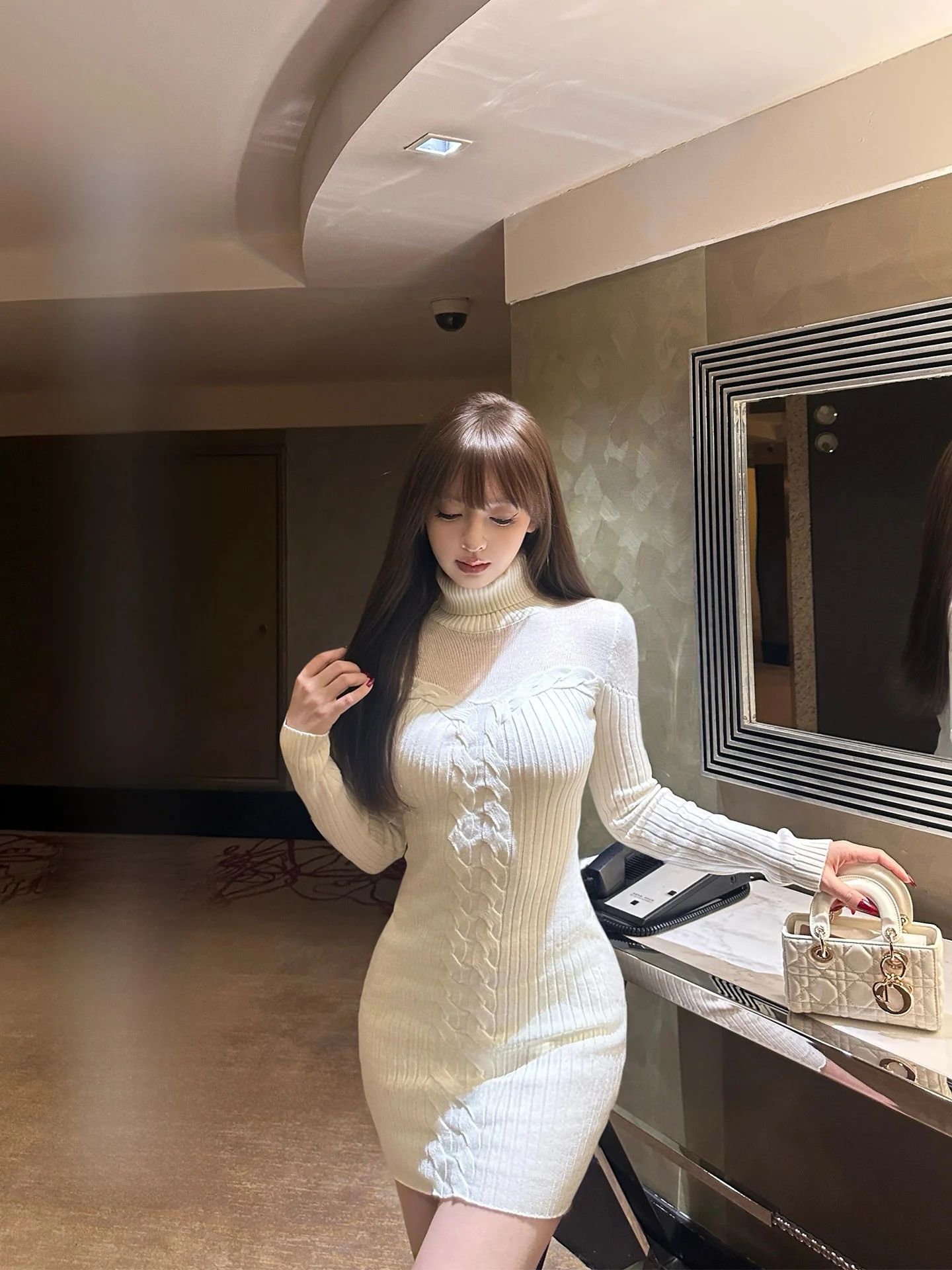 

Roselyn White Pure Desire See-through High-neck Knitted Long-sleeve Slim-fit Wraparound Skirt Dress Soft And Elegant