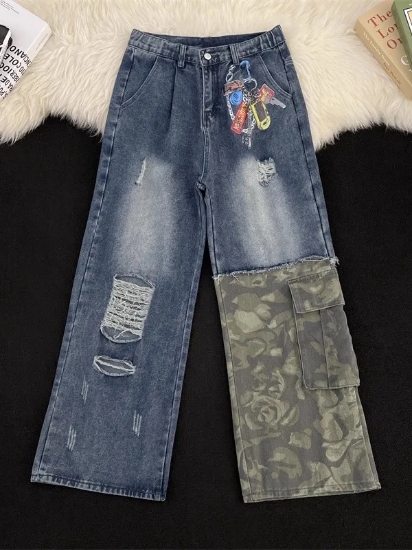 

Men's Camouflage Patchwork Ripped Denim Jeans Spring Autumn Trendy Print Straight Leg Long Pants American Sle Haome Wide...