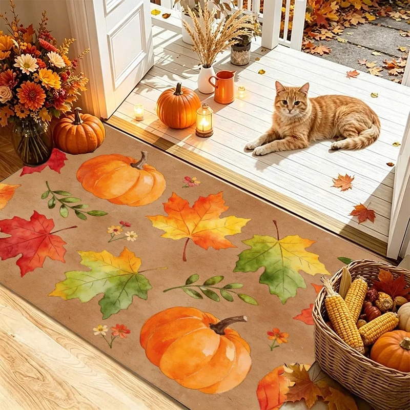 Fall Thanksgiving Harvest Doormat Pumpkin Fruit Maple Leaf Floral Pattern Floor Rug Rustic Seasonal Decor Mat for House Entryway