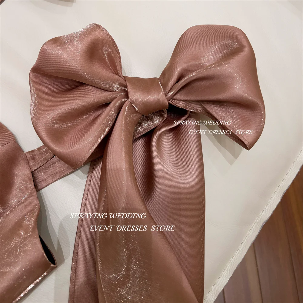 스프레이 짧은 갈색 커피 실크 댄스 파티 드레스 Bowknot 스트랩 미니 아랍어 여성 미국 저녁 공식 가운