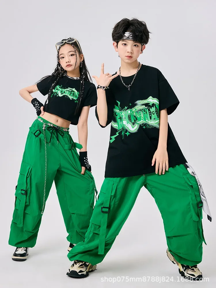 

Girls Kpop Cheerlead Dance Wear Team Show Stage Outfits Hip Hop Kids Jazz Dance Clothing Boys Tops Green Skirt Pants