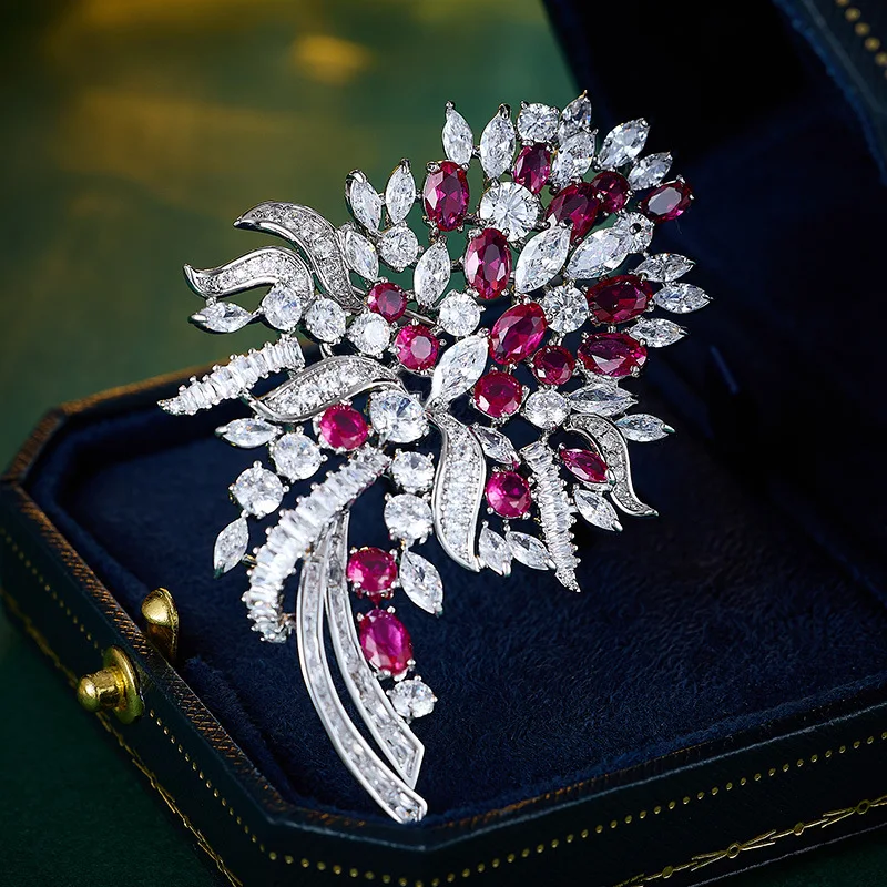 

High-End Light Luxury Red Corundum Zircon Purple Flower Brooch for Women Luxurious Elegant Jewelry Suit Jacket Accessory Brooch