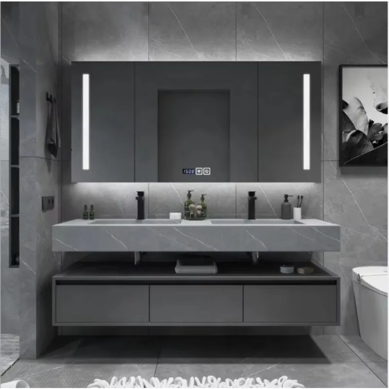 

Серая мраморная столешница, светодиодное зеркало, шкаф для ванной комнаты из массива дерева, шкаф для раковины в ванной комнате