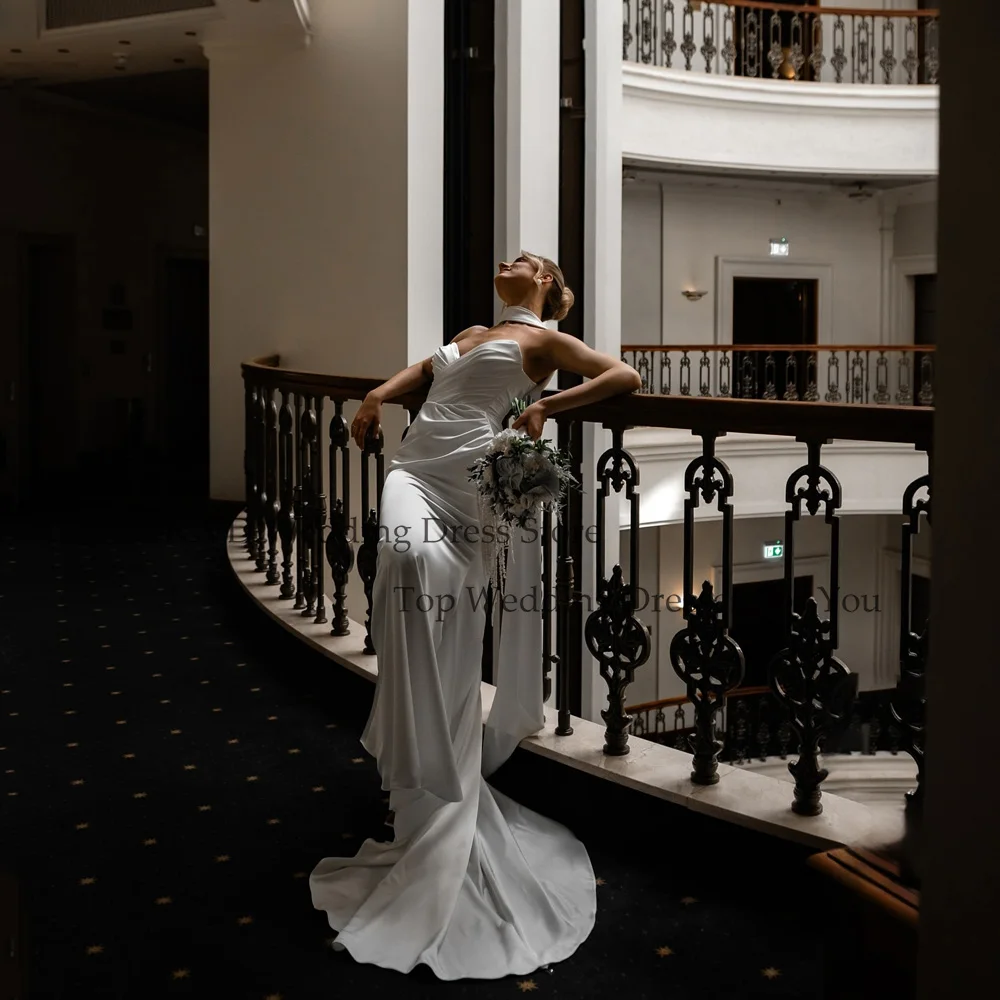 

MCDV Mermaid Pleat Wedding Dresses For Woman Bride Sweetheart Satin Backless Vestido De Casamento Personalized Customized
