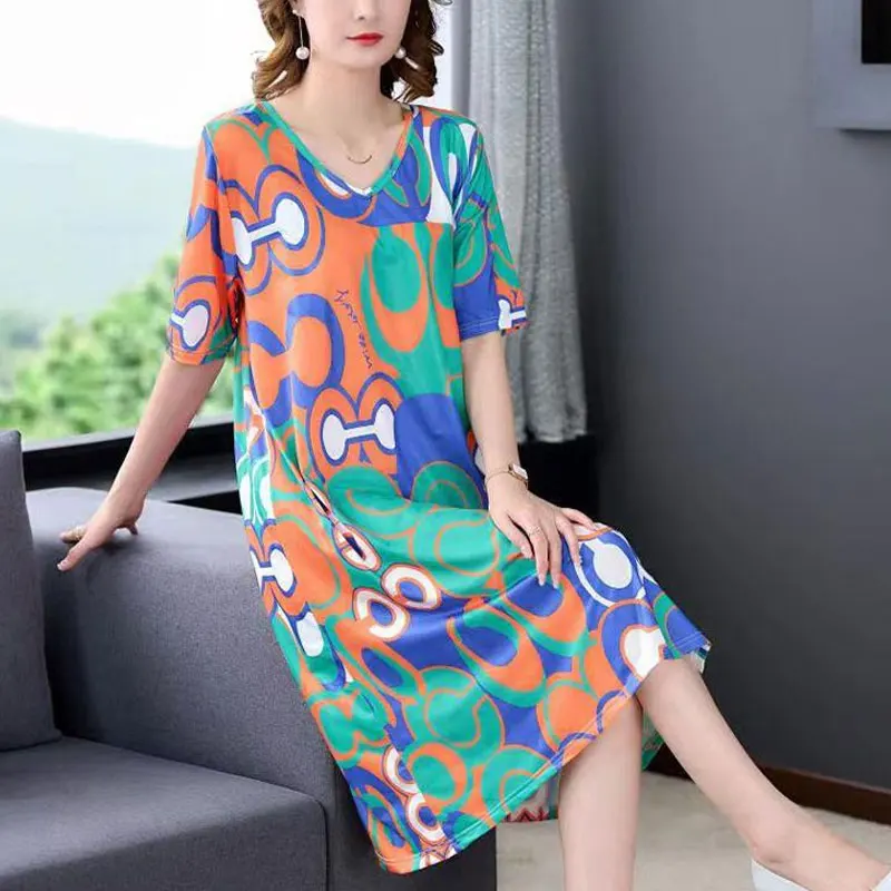 Casual V-Neck Loose A-Line Dresses Women\'s Clothing Vintage Stylish Contrasting Colors Printed Summer Short Sleeve Midi Dress