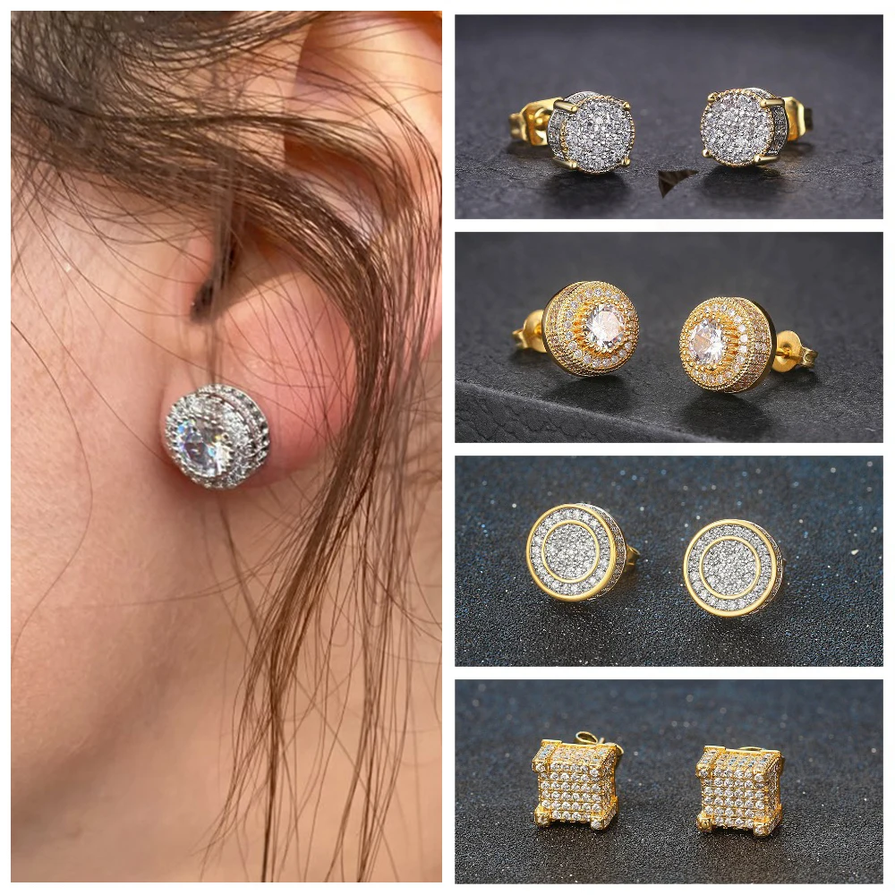 Hiphop Rock Stud Earrings For Women Classic Gold Color Jewelry Crystal Iced Out CZ Piercing Cartilage Ear Accessories Wholesale