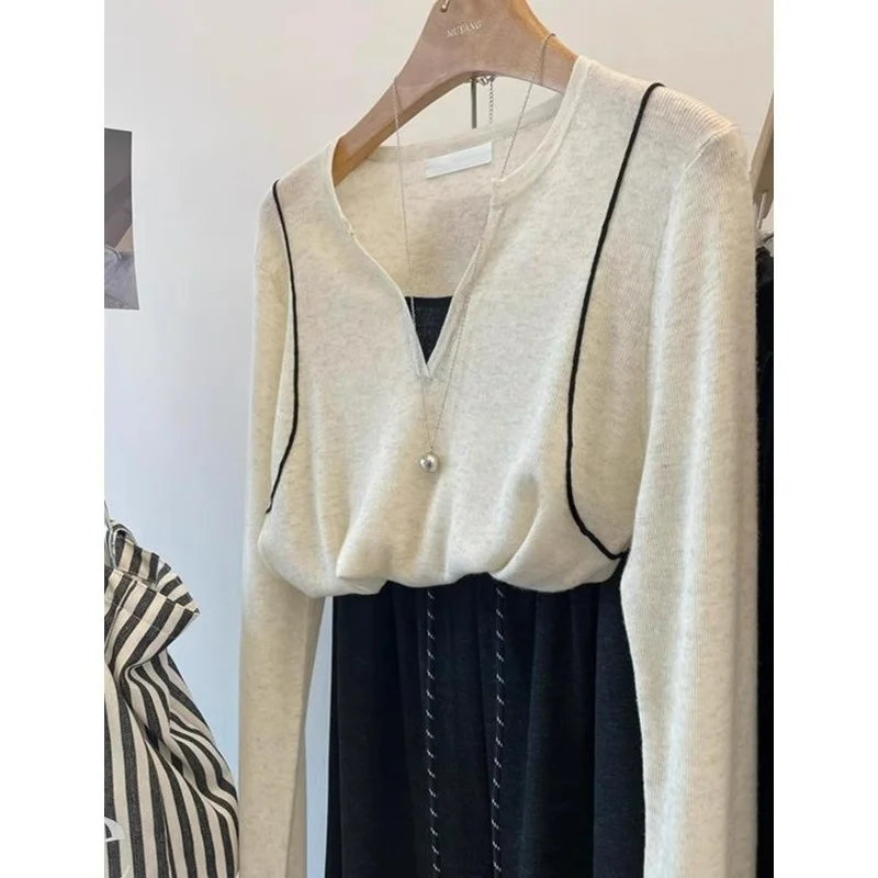 

Американский ретро-джемпер с двойной отделкой и небольшим V-образным вырезом, женский, комфортный, приятный к телу, стройнящий, больших размеров, зимний модный топ