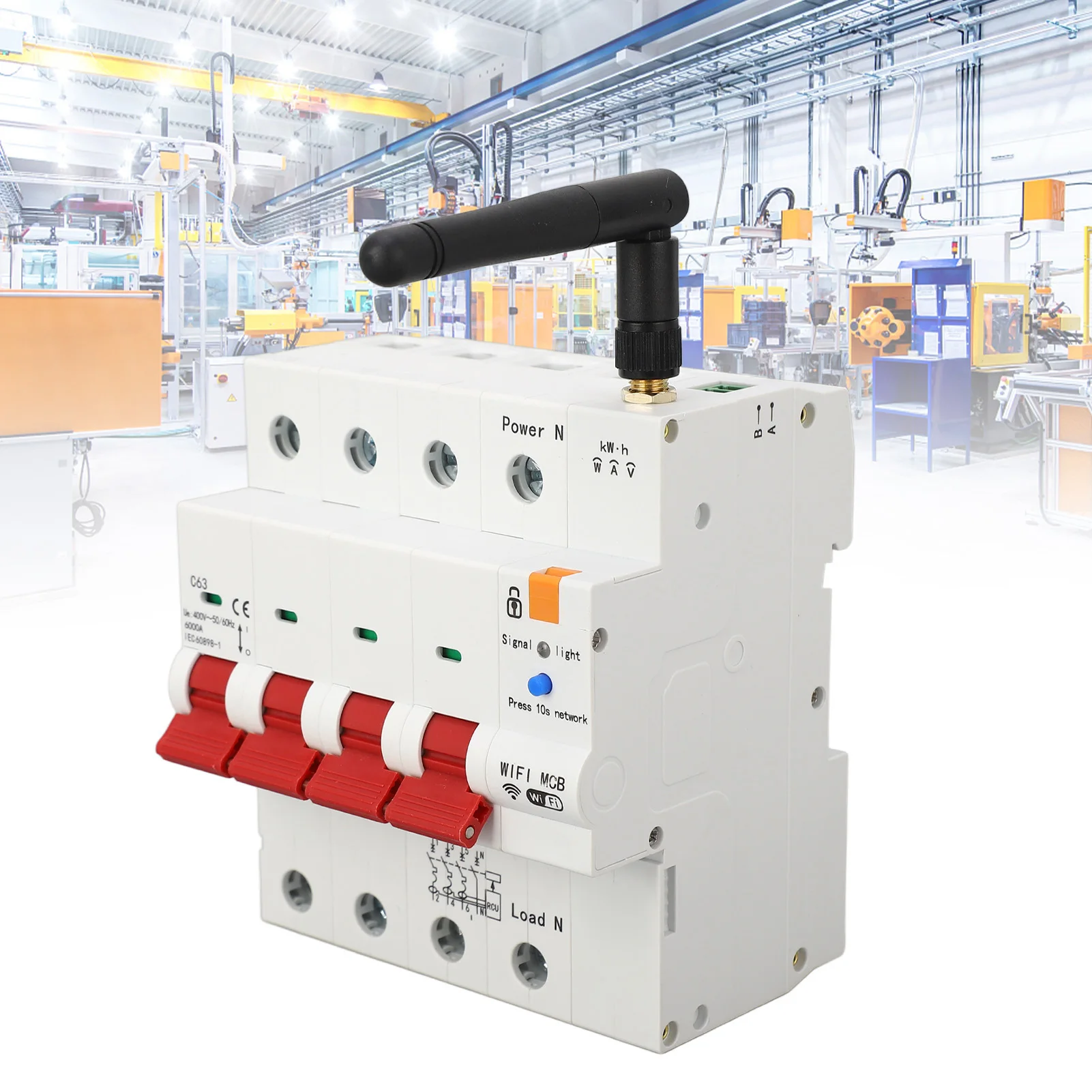 

WiFi Circuit Breaker 4P Leakage Protection Switch Remote Control Electricity Metering Switch AC400V 50/60HZ 63A