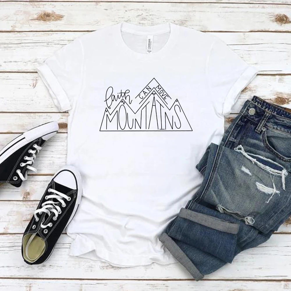 Motivational Christian T-Shirt Faith Can Move Mountains T-shirt Women Short Sleeve Graphic Tees Streetwear Tops Christian Gift