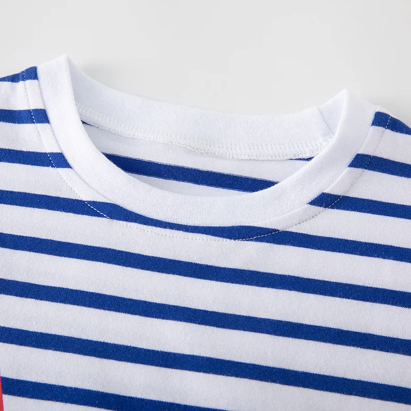 TUONXYE Boy Summer Short Sleeve Stripes T-shirts Cartoon Zipper Pocket Dinosaur Children's Cotton Loose Breathable Soft Clothes