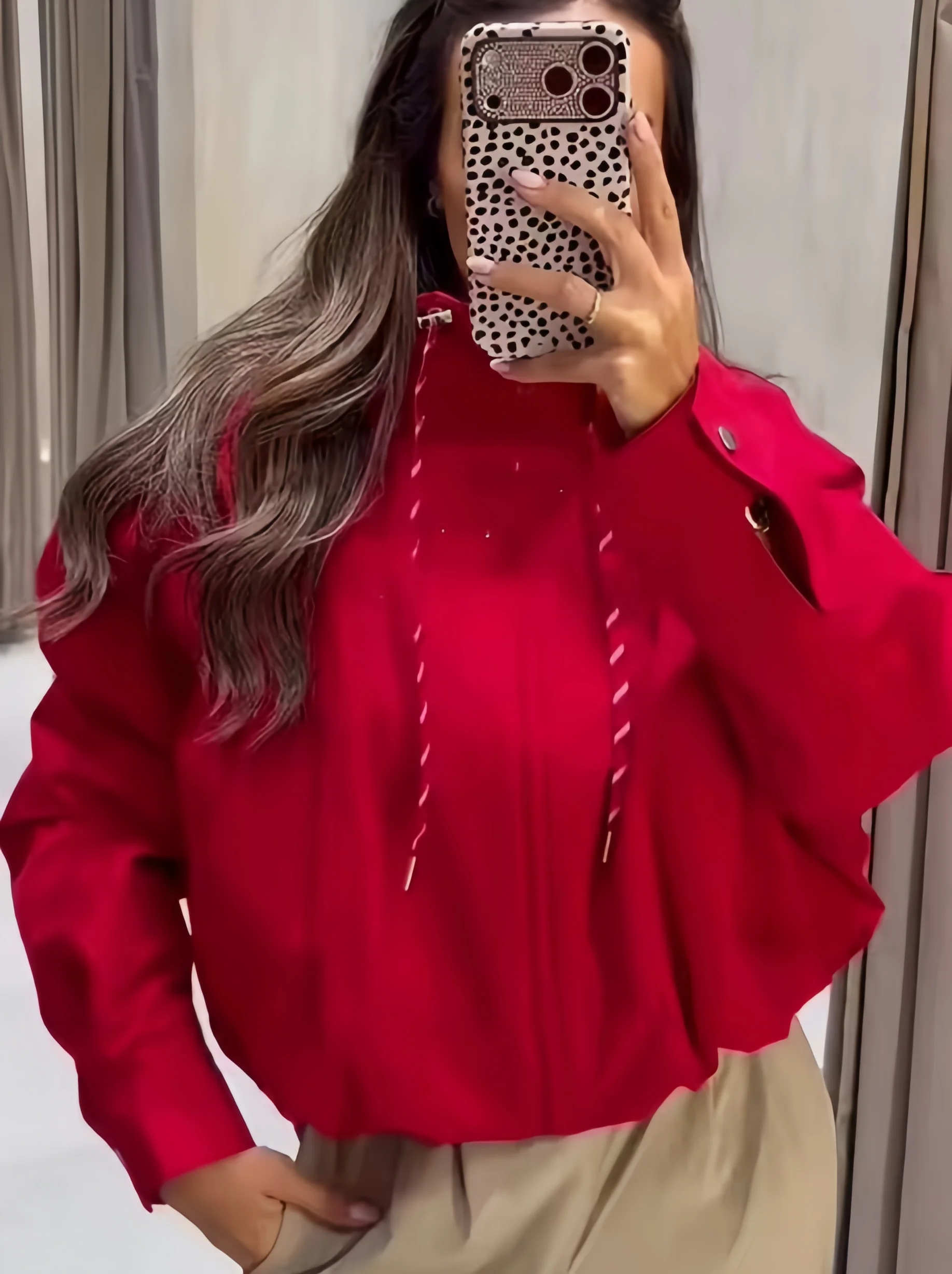 Guobioziy 2026 Autumn Women's Short Thick Jacket Stand Collar with Drawstring Hem Zipper Long Sleeve Loose Casual Pocket Coat