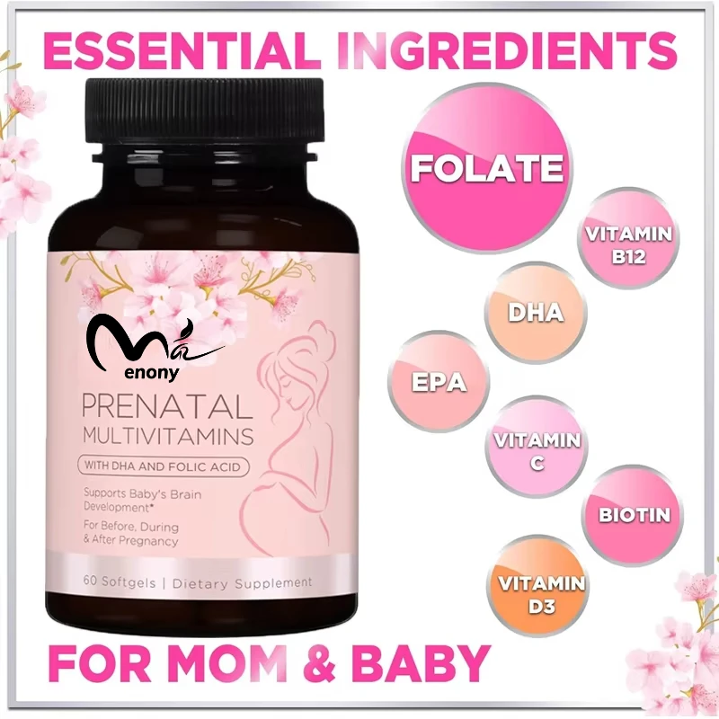 Prenatal multivitamins containing folic acid, iron, DHA, vitamin C, E - mineral supplements, 60 vegetarian soft capsules