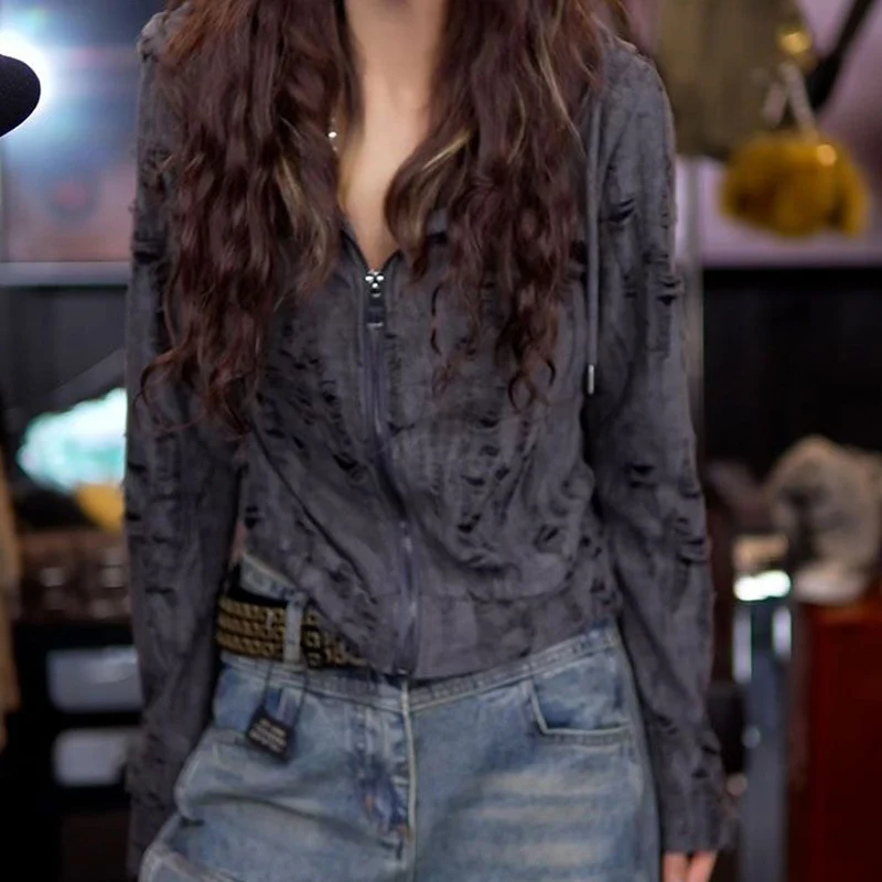 

Hollow Out Wrinkle Zipper Hooded Long Sleeve T-shirt for Women Spring Autumn High Street Personality Tops Fashion Women Clothing