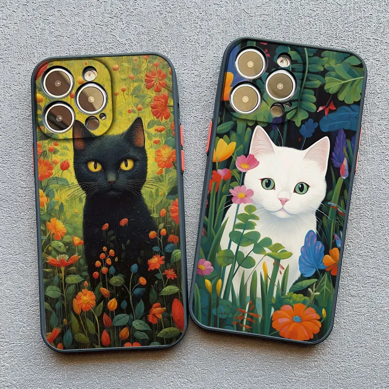 

Cartoon Animal Black Cats Lovely White Cat Phone Case For iPhone 14 Pro Max 15 13 11 12 Pro Max Mini X XS XR 8 15 14 Plus Covers