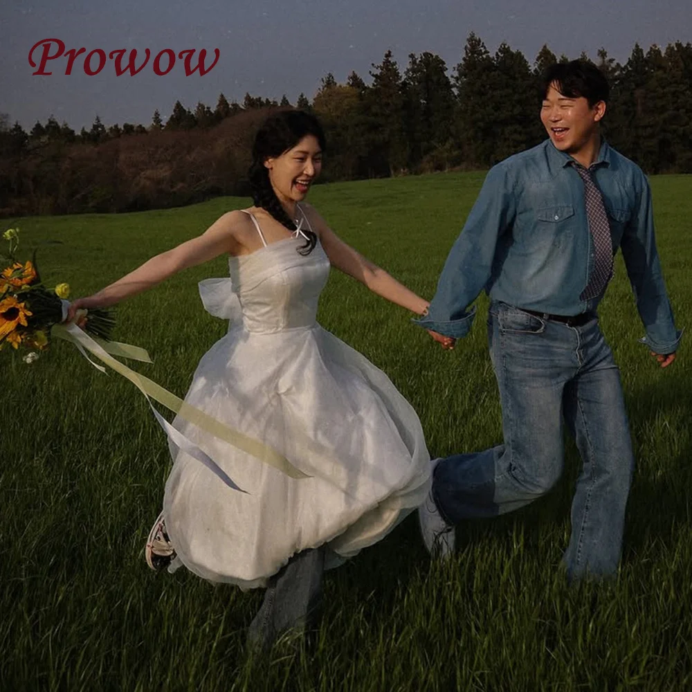 

Prowow Modern High-Low Puffy Wedding Dresses Spaghetti Straps A Line Bridal Gowns Korea Photoshoot Customized Organza Satin