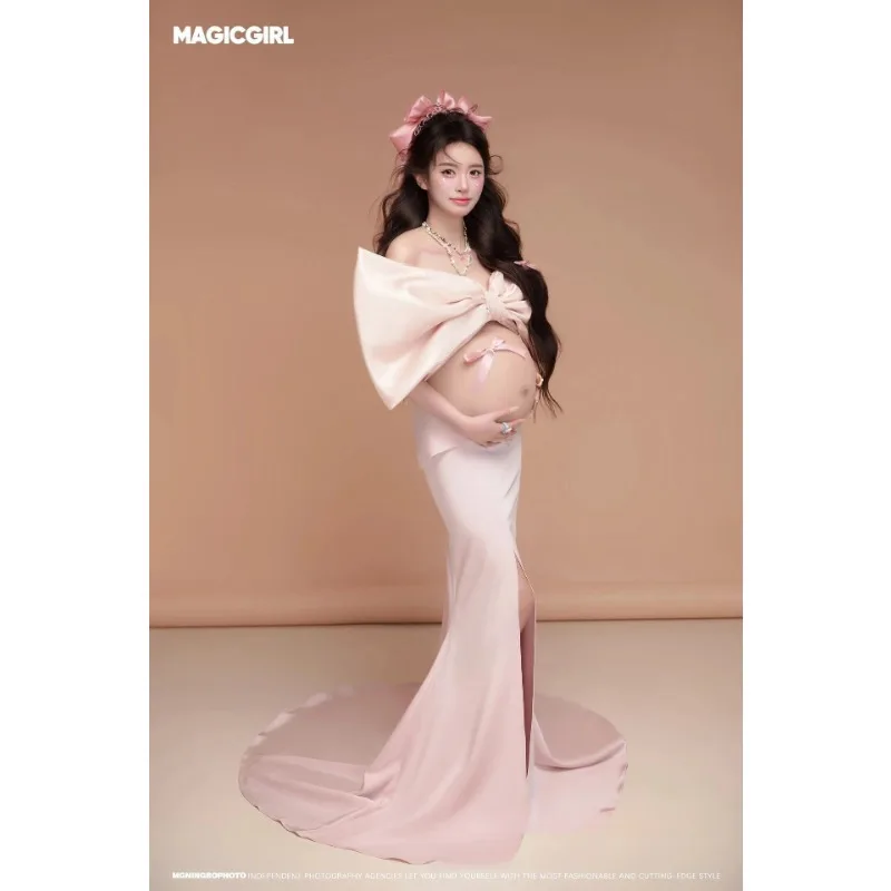 Women Photography Props Elegant Maternity Dress Bow-knot Top and Long Skirt Korean Princess Dresses Studio Shoot Photo Clothes