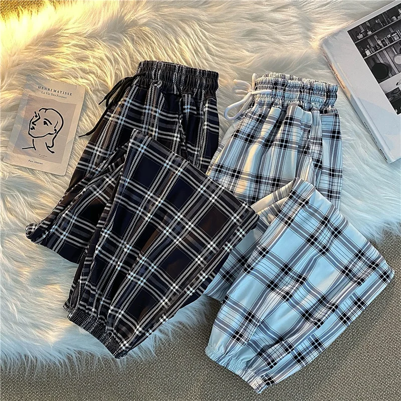 Pantaloni Donna Nuovo Mazzo di piedi Moda Sciolto Plaid nero Estate Harajuku Studenti Streetwear Harem Pantaloni lunghi Donna Chic