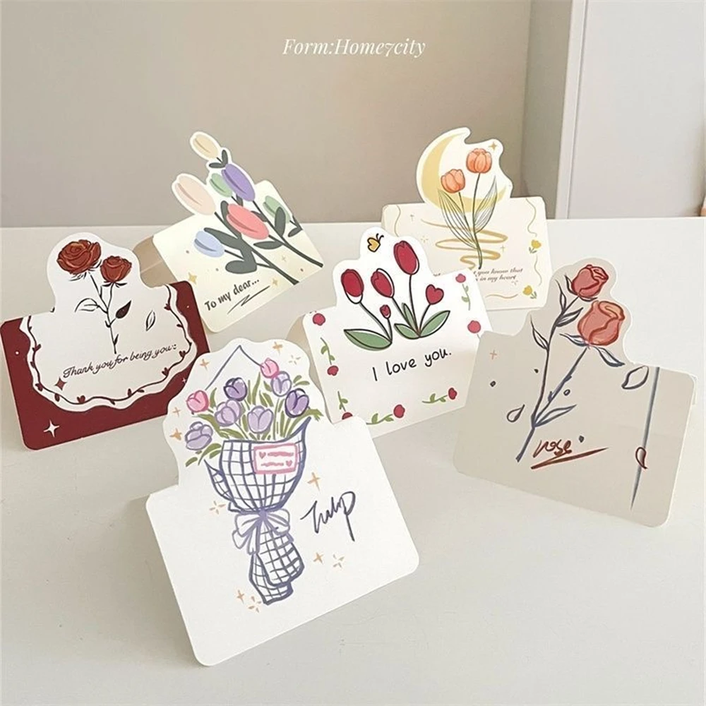 6pcs Teacher\'s Day Tulip Series Bouquet Greeting Cards Foldable Floral Message Card Handwritten Postcards Universal for Holidays