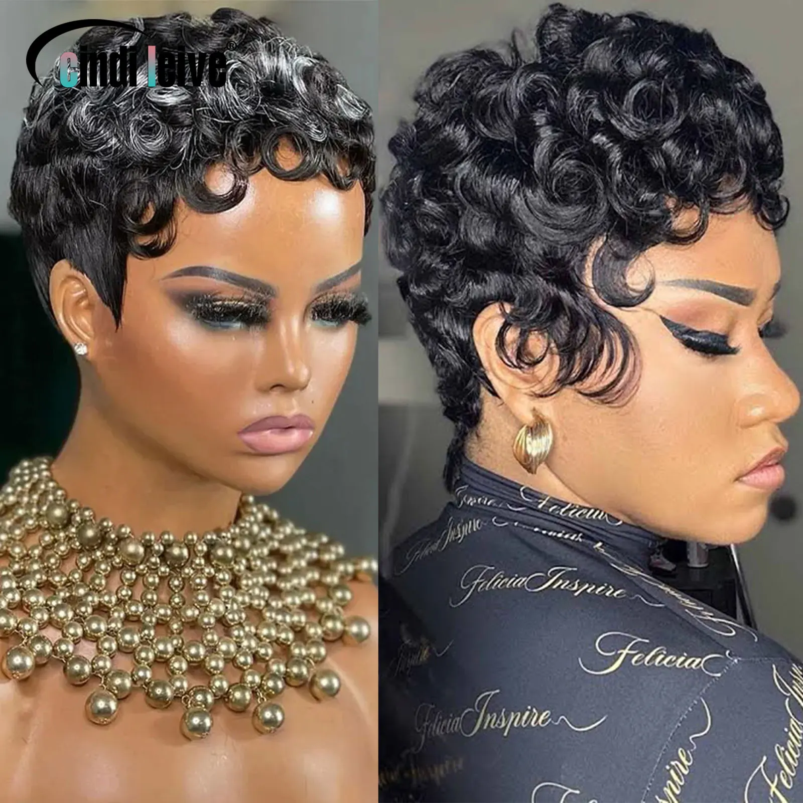 Curly Pixie Cut Short Wigs For Black Women Natural Black Glueless Wig Peruvian Remy Human Hair Bob Full Machine Made Wigs 150%