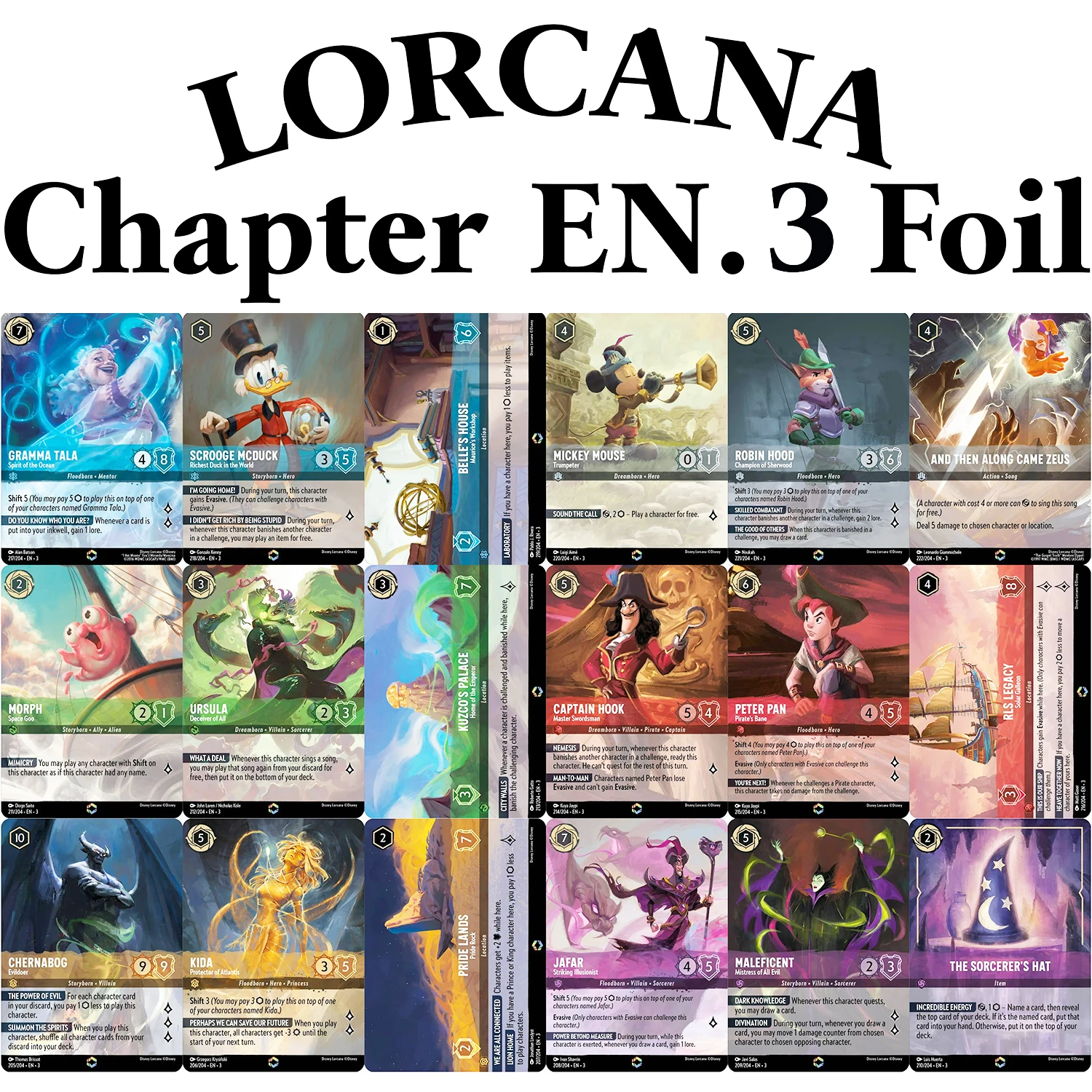 

Lorcana English TCG Chapter 3, прокси-игровые карты ROBIN HOOD Champion of Sherwood AND THEN ALONG CAME ZEUS URSULA JAFAR MORPH Cards