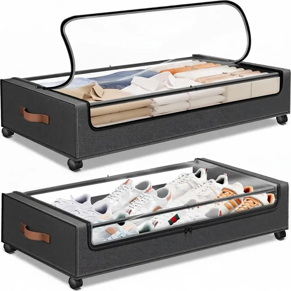 

Under Bed Storage with Wheels, Storage Containers, Clear Window, Label, Rolling, Clothes, Shoes, Blankets, 30.71 x 16.93 x 6.69