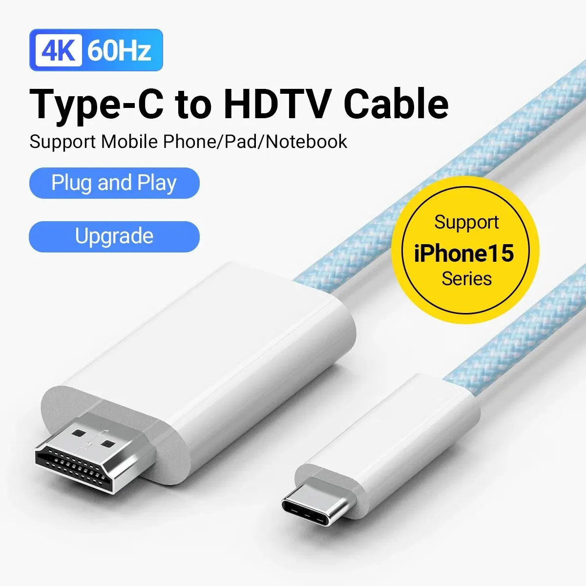 4k Typ-C-zu-HDMI-Kabel Nylon gewebt-1,8 m/70,86 Zoll für iPhone 15 Serie/MacBook Pro/Air, iPad, Galaxy S8 bis S23, Oberfläche, Dell, PS