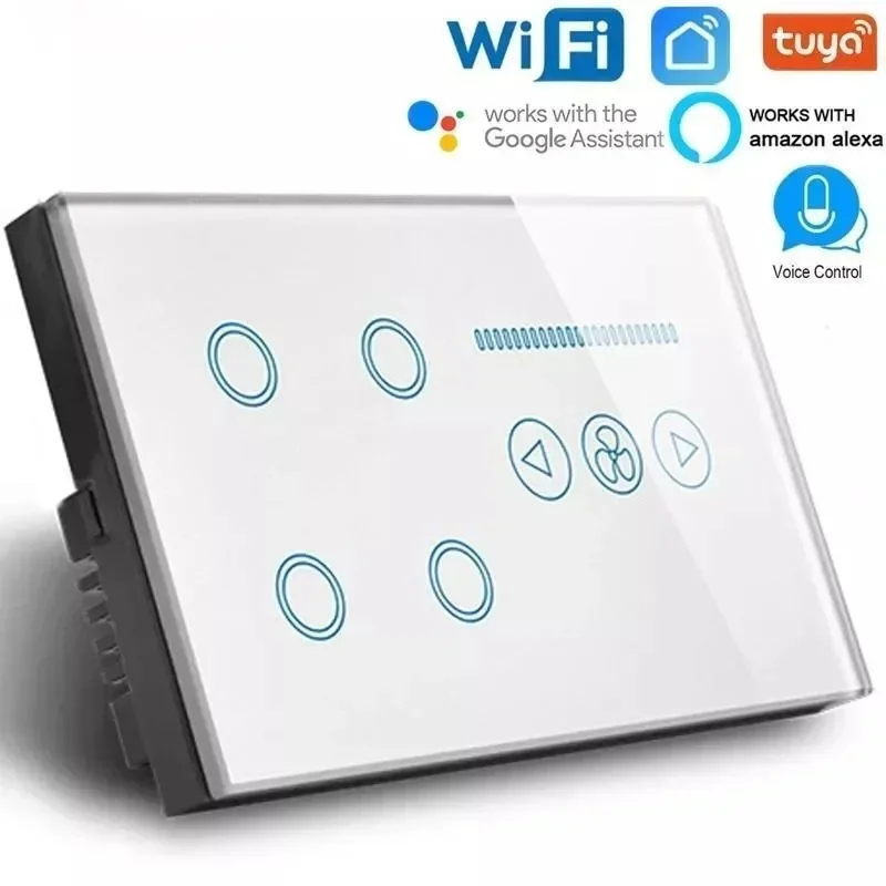 Smart Touch 4 gang WIFI Light Switch with Wifi Ceiling Fan Switch White Black Crystal Glass Panel Work