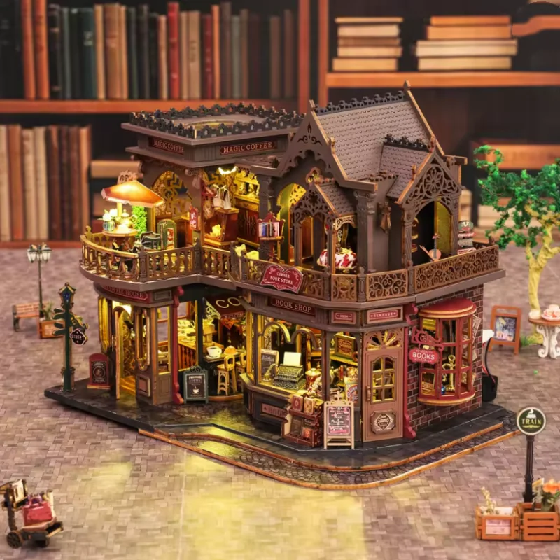 OUZEY Kit de bricolaje para mini cafetería con desplazamiento y café, modelo de estudio vintage de madera 3D, artesanía acogedora para adolescentes creativos
