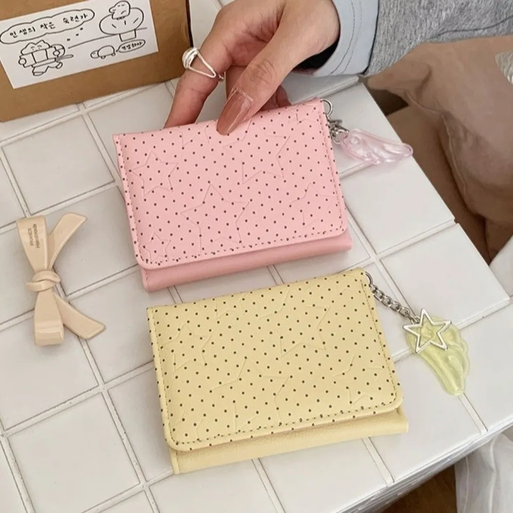 PU Leather Polka Dot Trifold Wallet Lightweight Star Wing Pendant Coin Purse 5 Card Slots ID Window Card Holder Commute