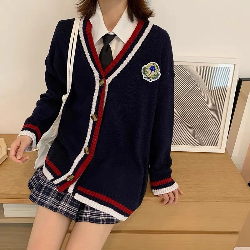 Spring Autumn 2024 College Style Knitted Cardigan Sweater Navy Women Cotton Long Sleeved V-neck Korean JK Uniform Sweater Jacket