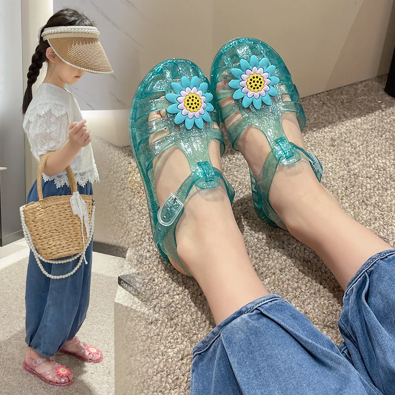 Summer Children Soft-Soled Beach Flip-Flops Girl Hollow Princess Casual Sandals Everyday Kid Roman Colorful Flower Jelly Sandals