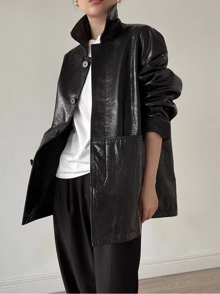 Vintage Black Genuine Leather Windbreaker Jackets for Women Spring Autumn 2025 New High-end Simple Oil Wax Real Sheepskin Coat