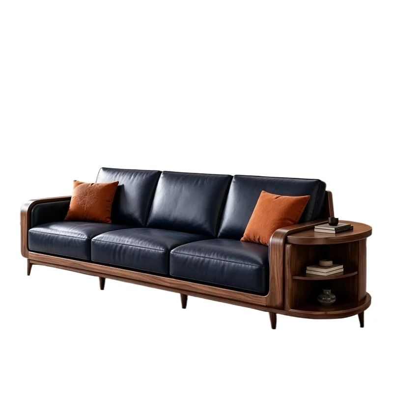 New Chinese-style solid wood sofa three-person high-end leather living room black walnut straight-row storage sofa 2026 new