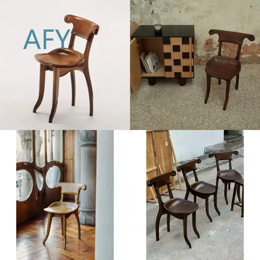 Spanish Art Medieval Dining Chair for Home Backrest Solid Wood Teak Tenon Mortise Structure Gaudi Style Chair for Living Room