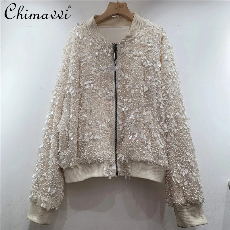 

2026, весенне-осенняя новая женская куртка с тяжелыми пайетками, модная уличная одежда свободного покроя с длинными рукавами, универсальное пальто, топы