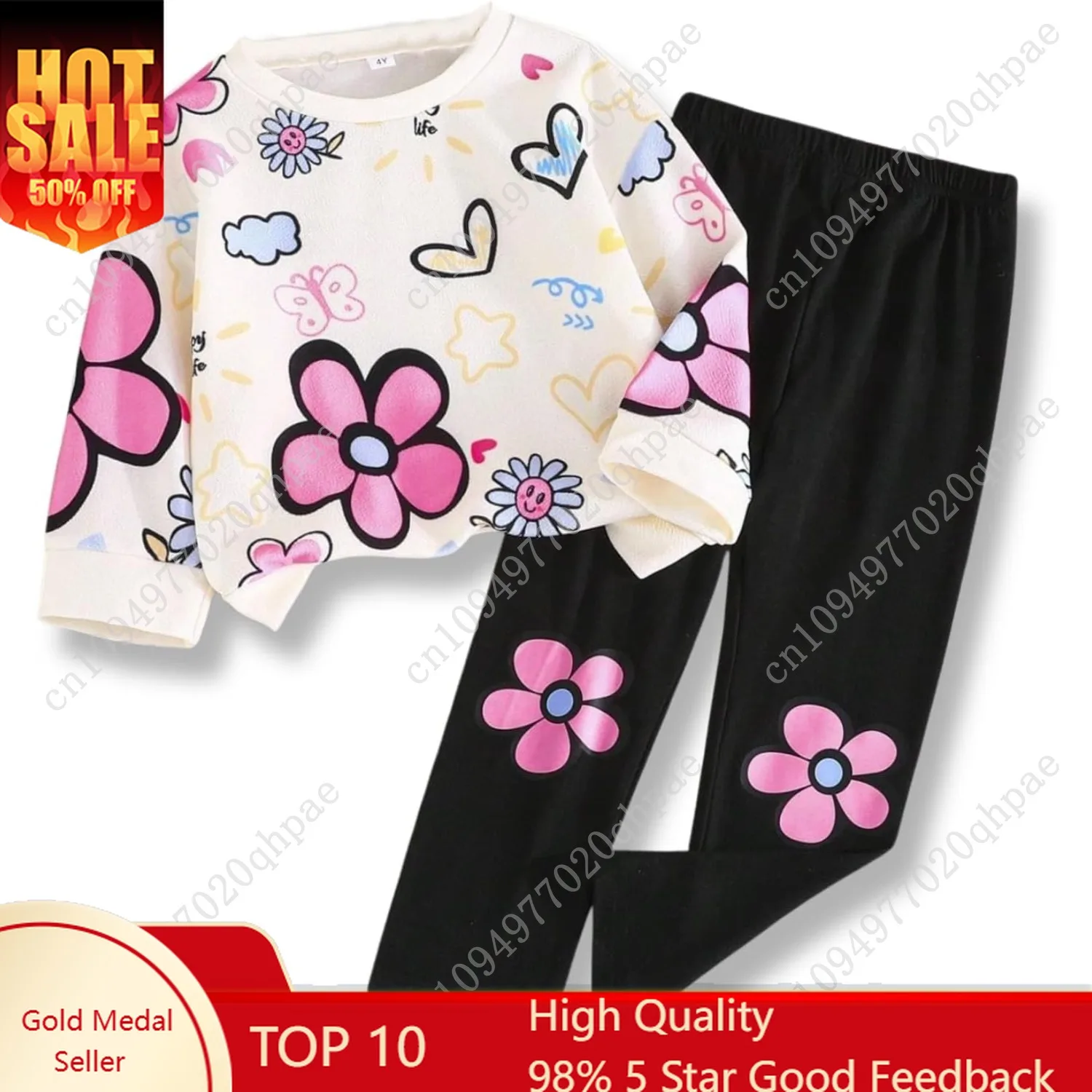 ملابس للفتيات الصغيرات، سويت شيرت مطبوع عليه زهور، قطعتان من ملابس الخريف للفتيات الصغيرات، مقاس 3-7 سنوات