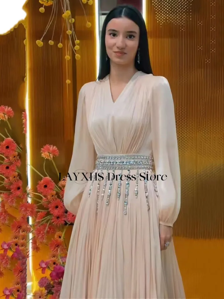 LAYXHS Wunderschönes Abendkleid mit V-Ausschnitt, A-Linie, Perlen, lange Ärmel, Falten-Abschlussballkleid, maßgeschneidert, Gresе нае