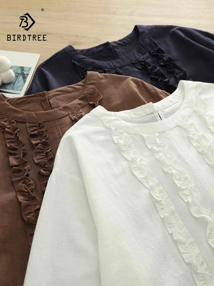 

Новая летняя женская блузка 2026 года из хлопка и льна с расклешенными рукавами, круглым вырезом и оборками, в стиле Mori Girl, французский омолаживающий эффект, тонкая свободная блузка T64555CC