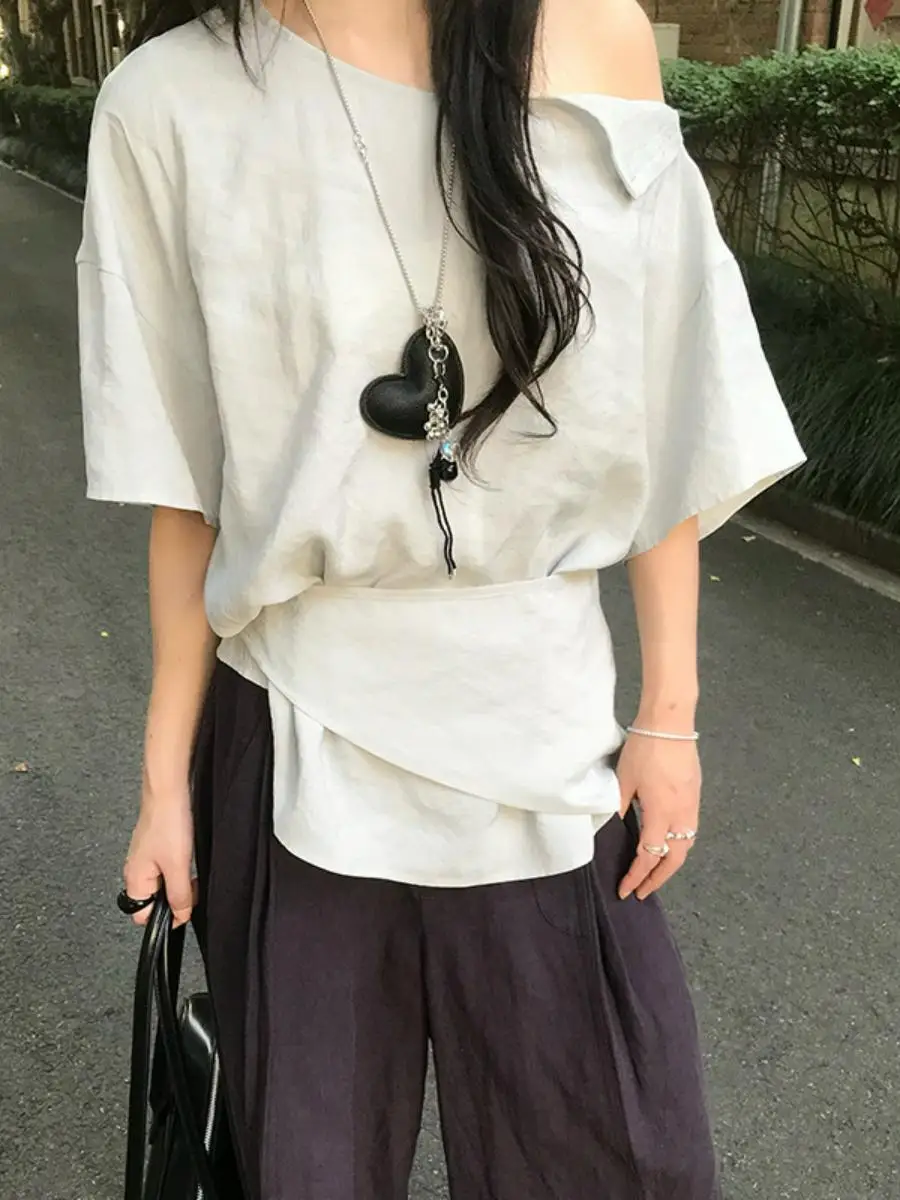 

Asymmetric Shoulder Short Sleeve Women's Shirt Pleated Slimming Bridesmaid Top Korean Style Fashion Summer Blouse
