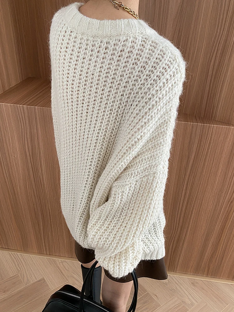 [EAM] Beige Big Size Thick Knitting Sweater Round Neck Long Sleeve Women Pullovers New Fashion Tide Spring Autumn 2024 1DH7136