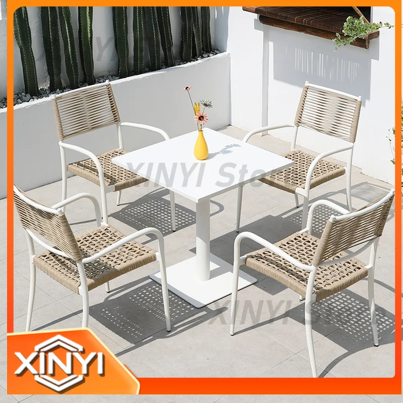 Outdoor Table and Chair Set with Umbrella for Garden Patio Cafe and Bubble Tea Shop White Rattan Furniture for Outdoor
