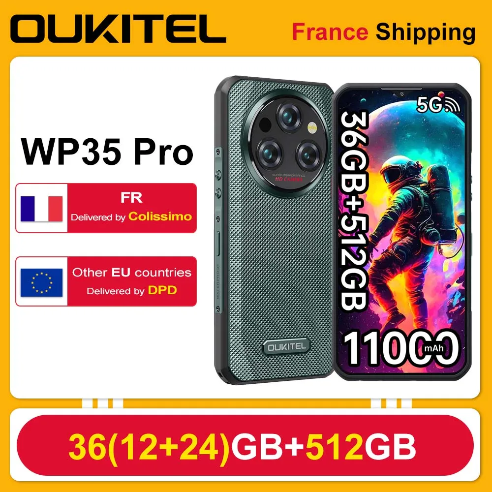 Smartphone robuste Oukitel 5G WP35 Pro 36(12 + 24)GB + 512GB 6.6 ''11000mAh 33W 60Hz 64MP NFC double SIM téléphone portable