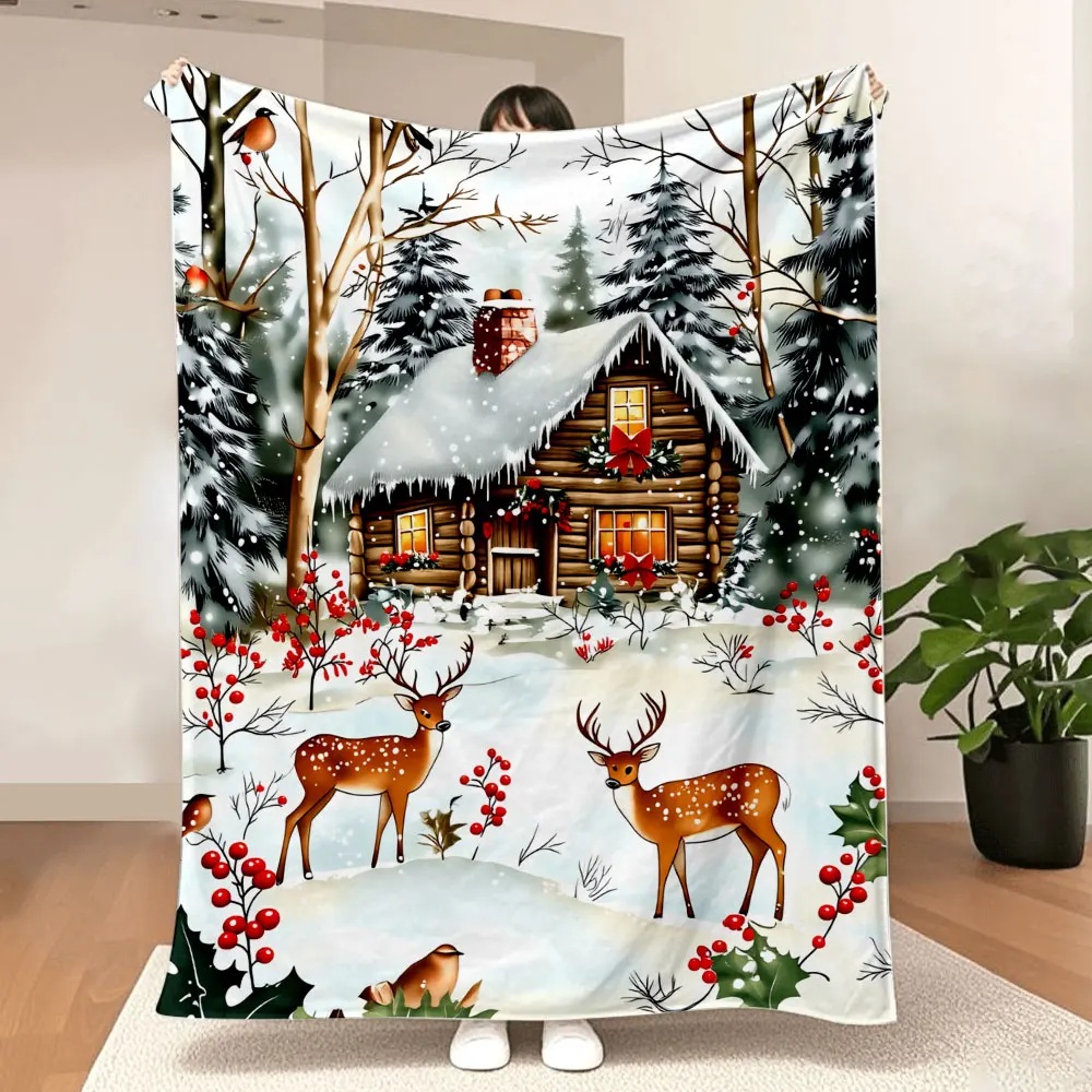 Winter Cabin Christmas Blanket - Cozy Printed Throw with Snow-Covered Log Cabin, Red Chimney, Festive Holly & Spotted Deer, Perf