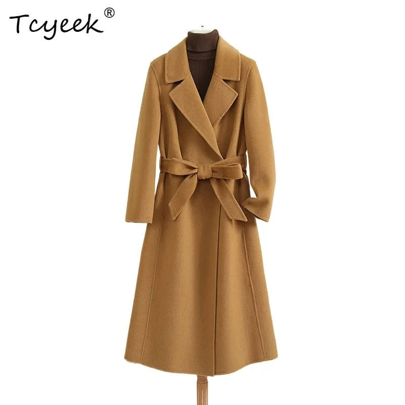

Tcyeek 100% шерсть, осень-зима, двусторонний шерстяной костюм с воротником, однотонное женское шерстяное пальто средней длины Abrigo Invierno Mujer