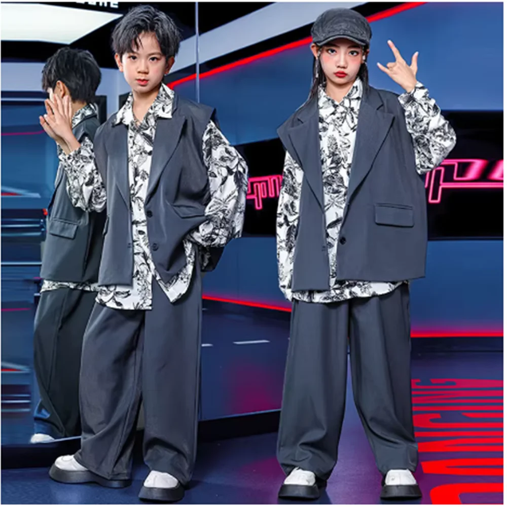 Boys Girls Jazz Dance Kpop Stage Outfit Kid Street Dance Clothing Hip Hop Oversize Shirt Grey Sleeveless Suit Shuffle Pants  YJ7