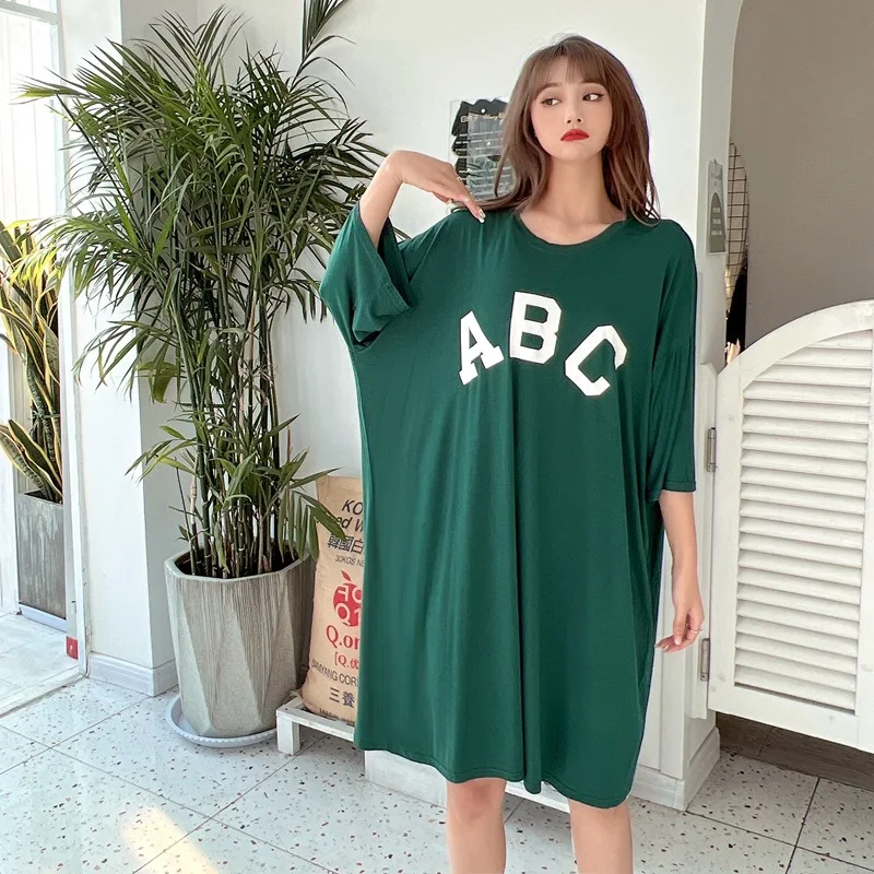 Summer Modal Letter Printed Nightgown Women's Plus Size Home Wear Dress Yellow Nightwear Round Collar Nightdress Outside Wear