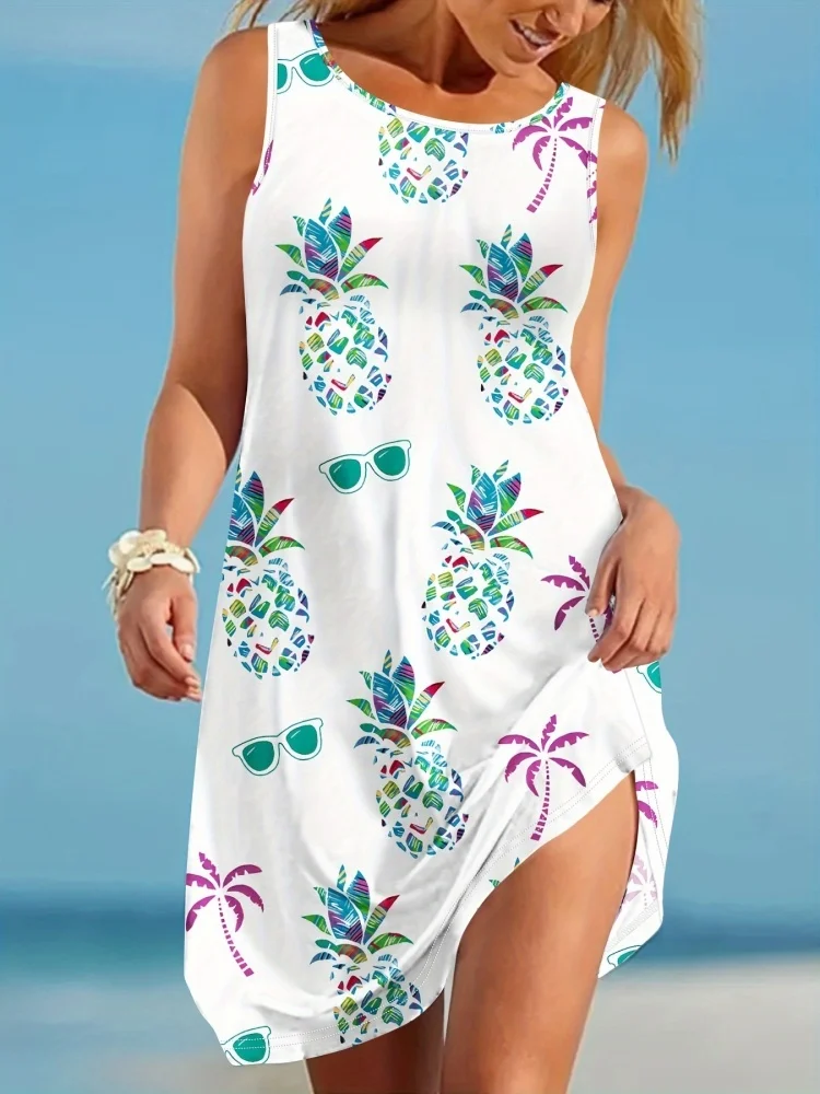 

Hawaiian Style Colorful Pineapple Print Women's Sleeveless Dress Summer Casual Women's Short Dress Outdoor Street Fashion Dress