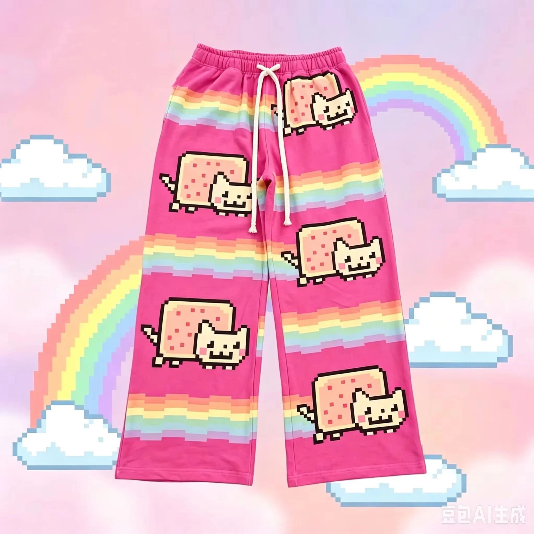 2026 Hip-Hop Cartoon Katze Rosa Unisex Freizeithose Y2k Harajuku Lose Jogginghose mit Kordelzug Familienhose Street Sweatpants – Detail 6
