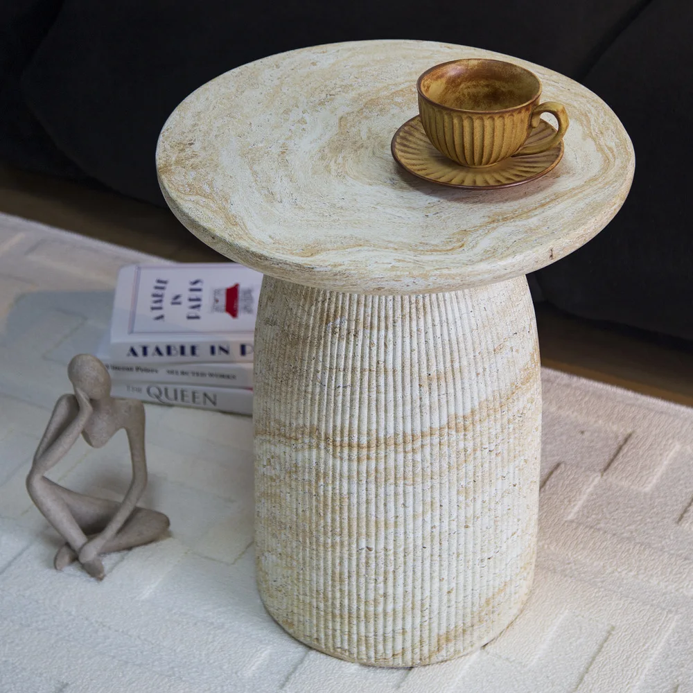 Modern Faux Travertine Magnesium Oxide Side Table Minimalist Coffee Table for Indoor Outdoor Balcony Hotel